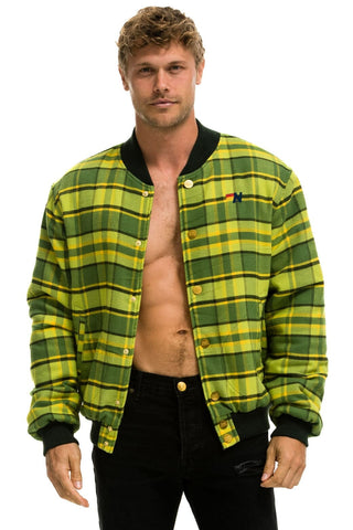 PLAID UNISEX VARSITY JACKET - AVOCADO PLAID Unisex Outerwear Aviator Nation