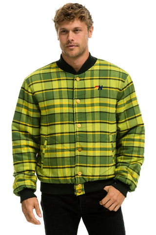 PLAID UNISEX VARSITY JACKET - AVOCADO PLAID Unisex Outerwear Aviator Nation