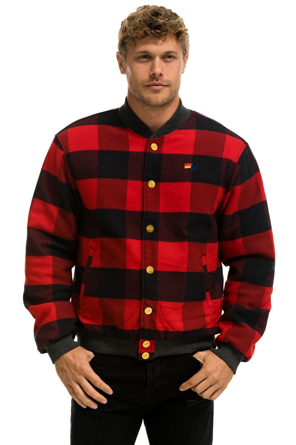 PLAID UNISEX VARSITY JACKET - BUFFALO PLAID Unisex Outerwear Aviator Nation