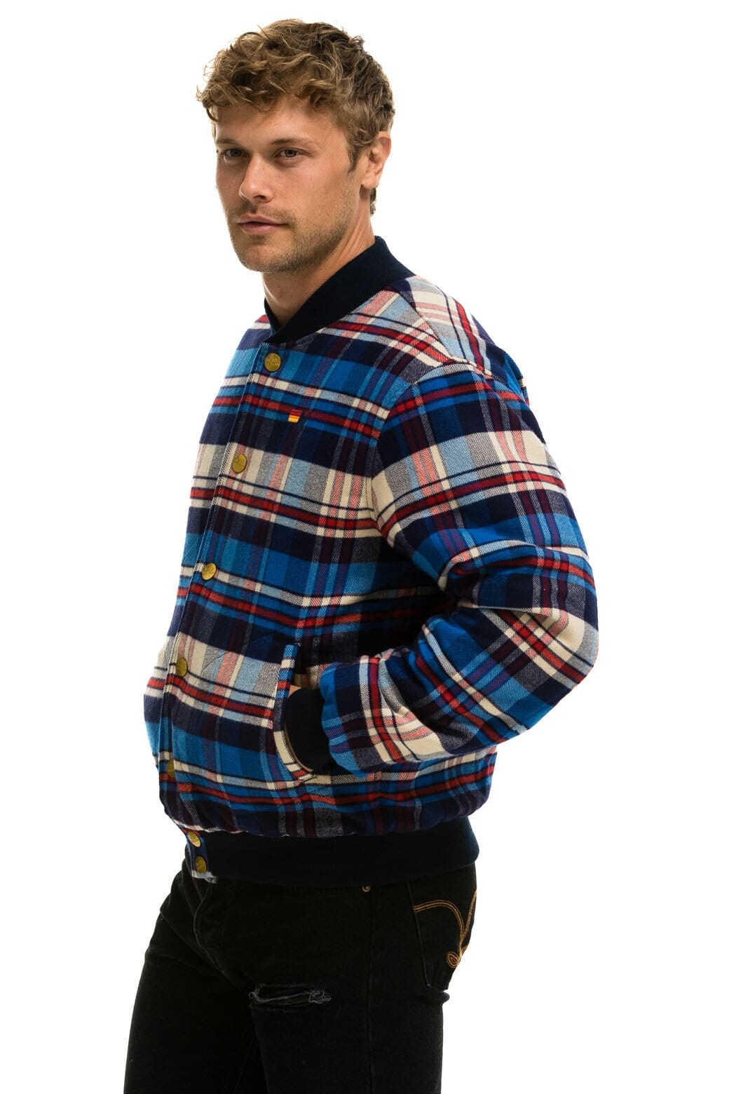 PLAID UNISEX VARSITY JACKET - PATRIOT PLAID Unisex Outerwear Aviator Nation
