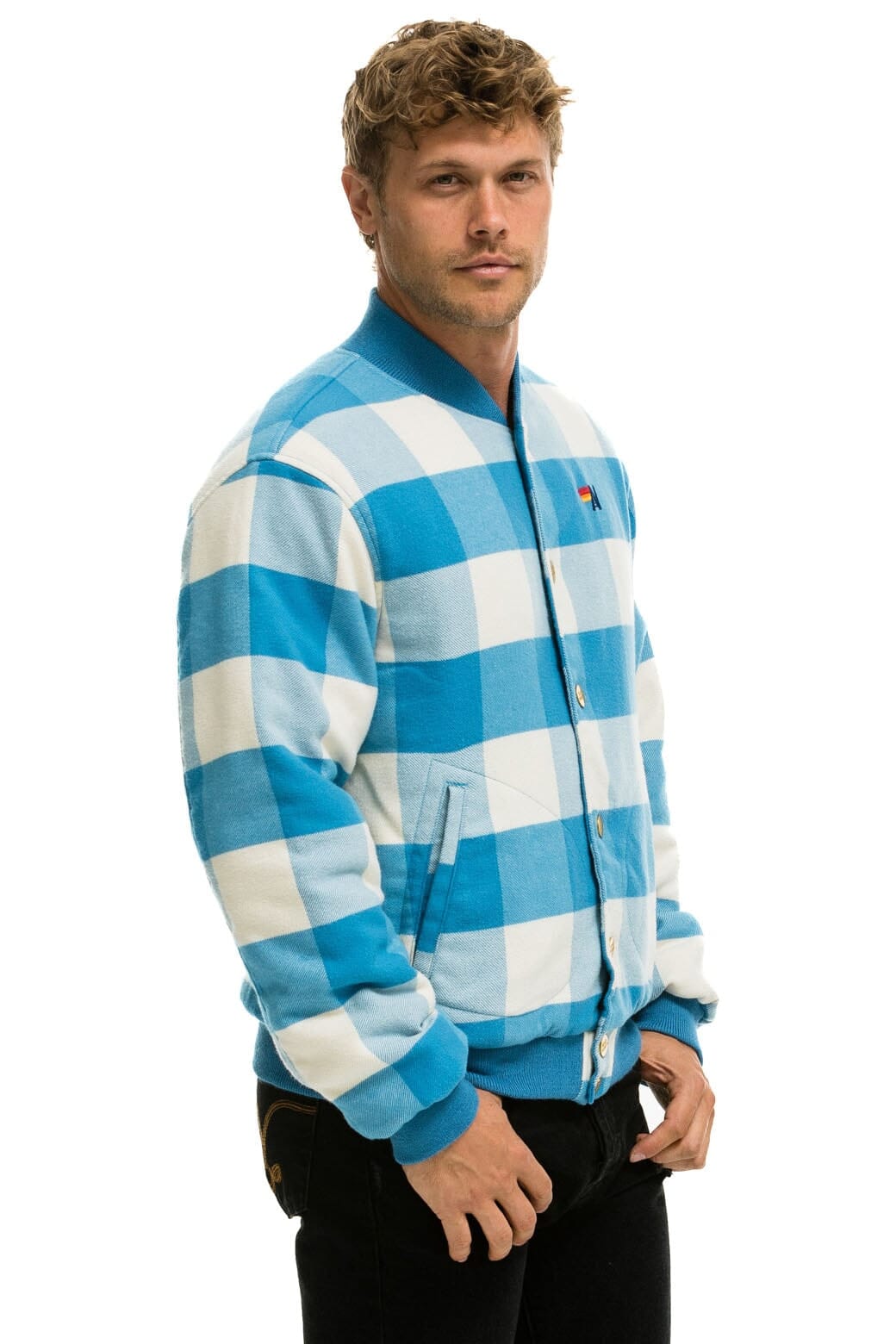 PLAID UNISEX VARSITY JACKET - SKY PLAID Unisex Outerwear Aviator Nation