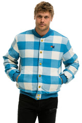 PLAID UNISEX VARSITY JACKET - SKY PLAID Unisex Outerwear Aviator Nation