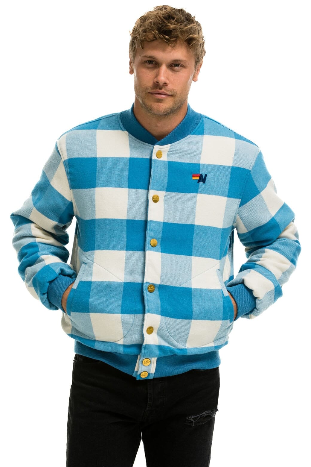 PLAID UNISEX VARSITY JACKET - SKY PLAID Unisex Outerwear Aviator Nation
