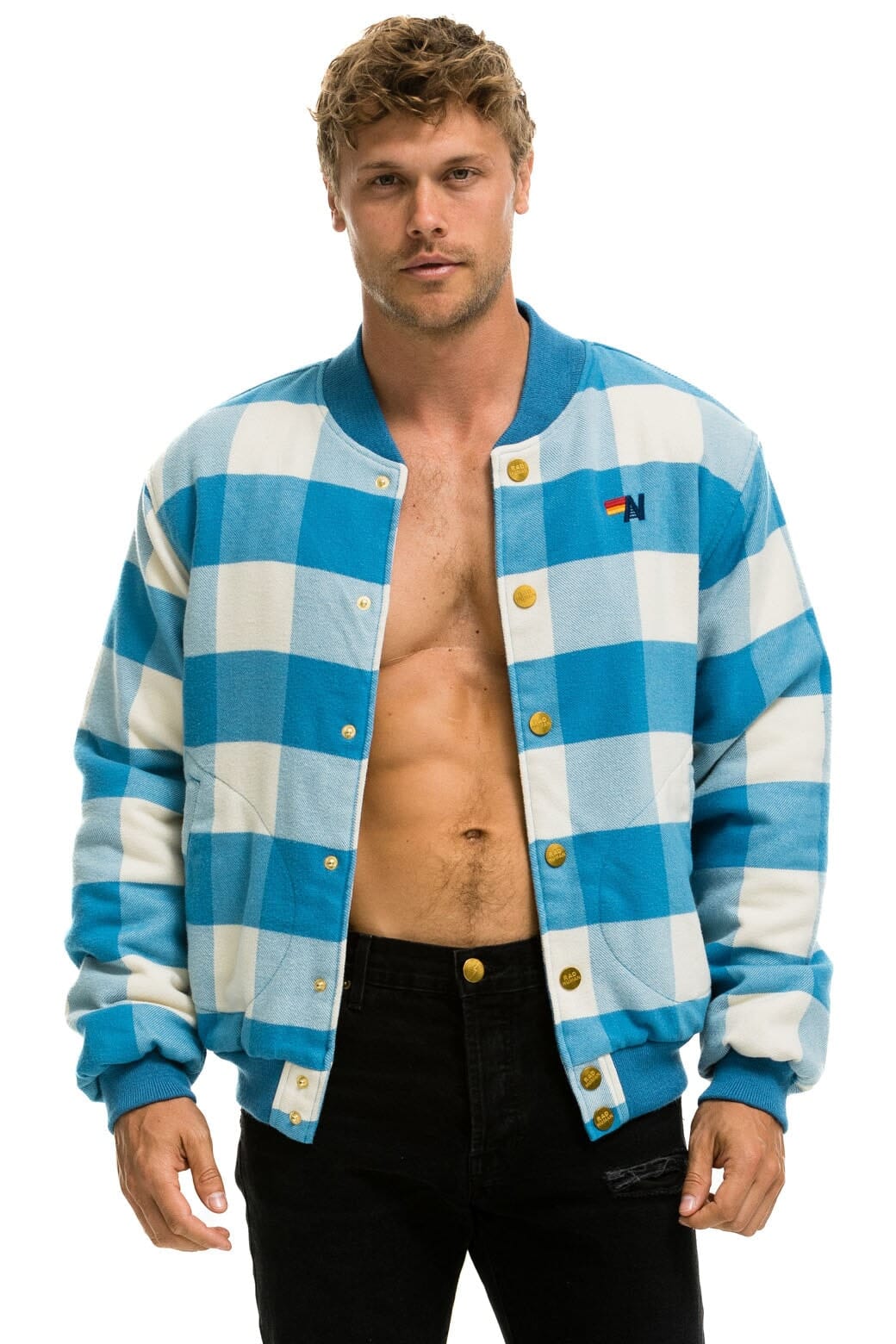 PLAID UNISEX VARSITY JACKET - SKY PLAID Unisex Outerwear Aviator Nation