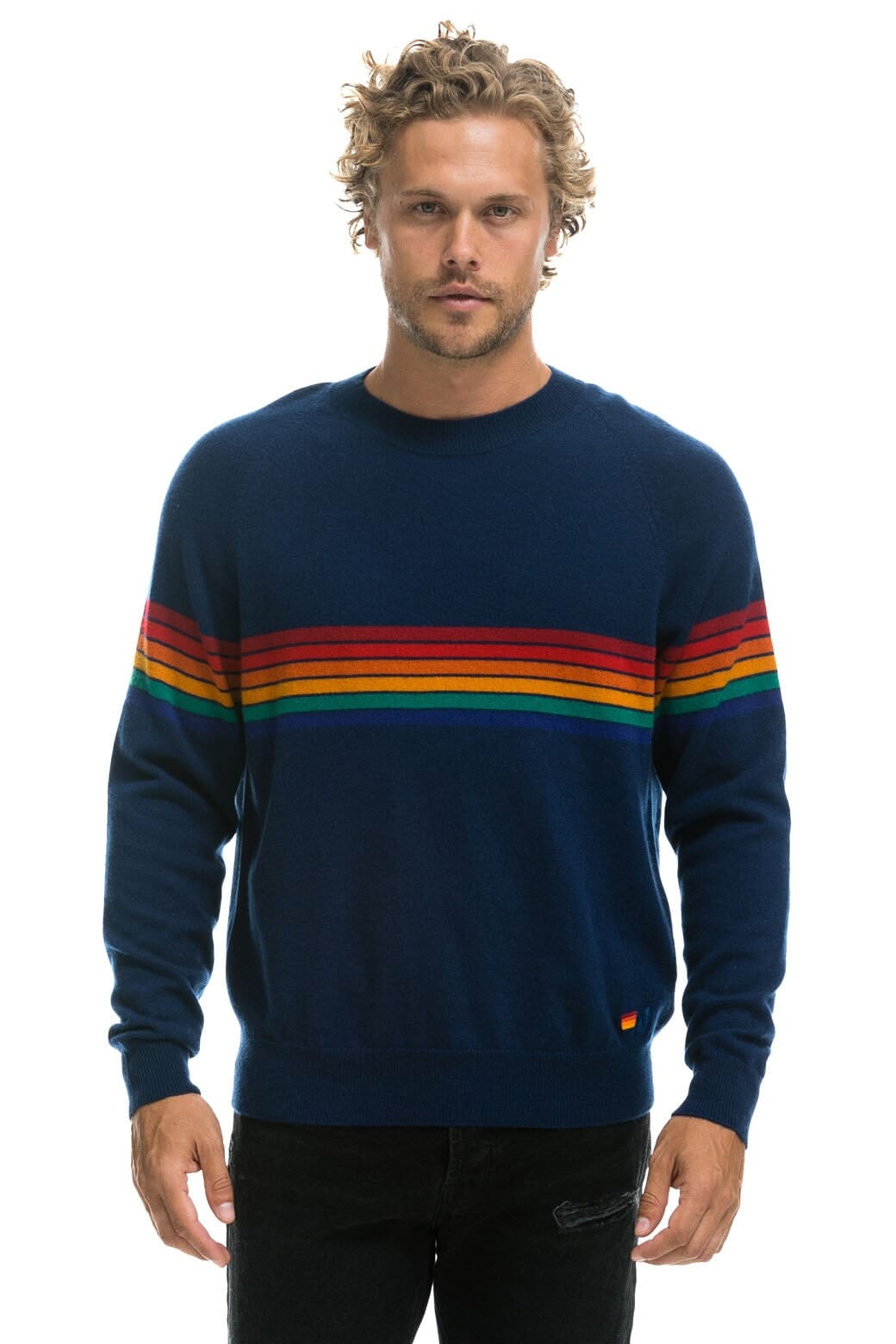 RAINBOW STRIPE 6 UNISEX LIGHT CASHMERE SWEATER - MIDNIGHT Sweatshirt Aviator Nation