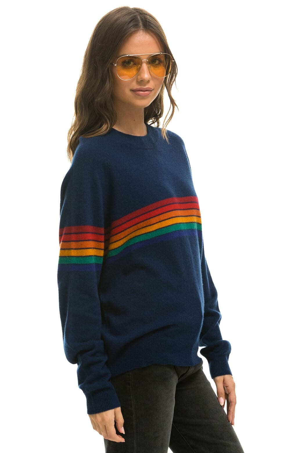 RAINBOW STRIPE 6 UNISEX LIGHT CASHMERE SWEATER - MIDNIGHT Sweatshirt Aviator Nation