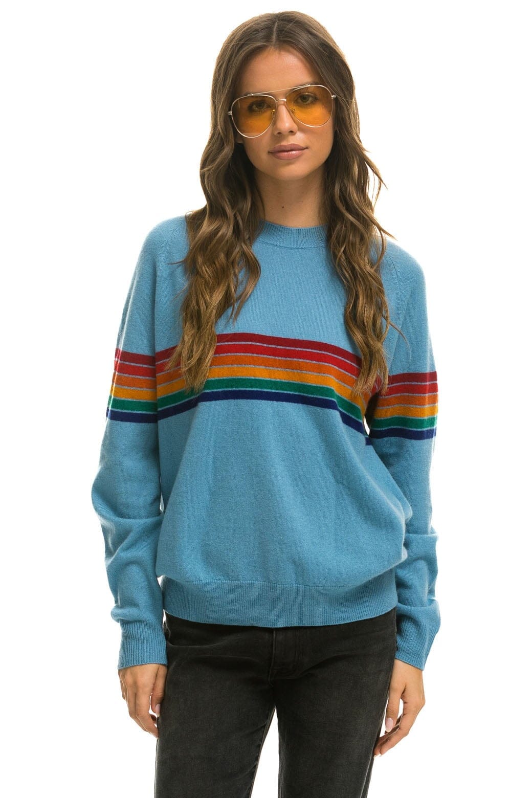 RAINBOW STRIPE 6 UNISEX LIGHT CASHMERE SWEATER - OCEAN Sweatshirt Aviator Nation