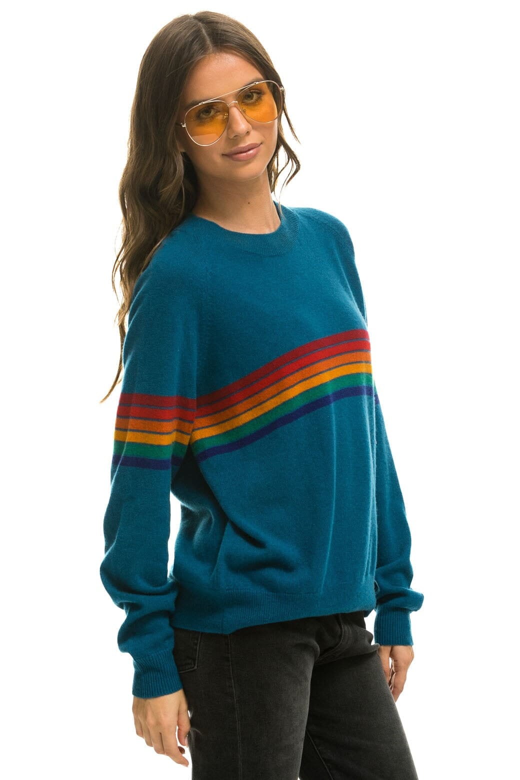 RAINBOW STRIPE 6 UNISEX LIGHT CASHMERE SWEATER - PEACOCK Sweatshirt Aviator Nation