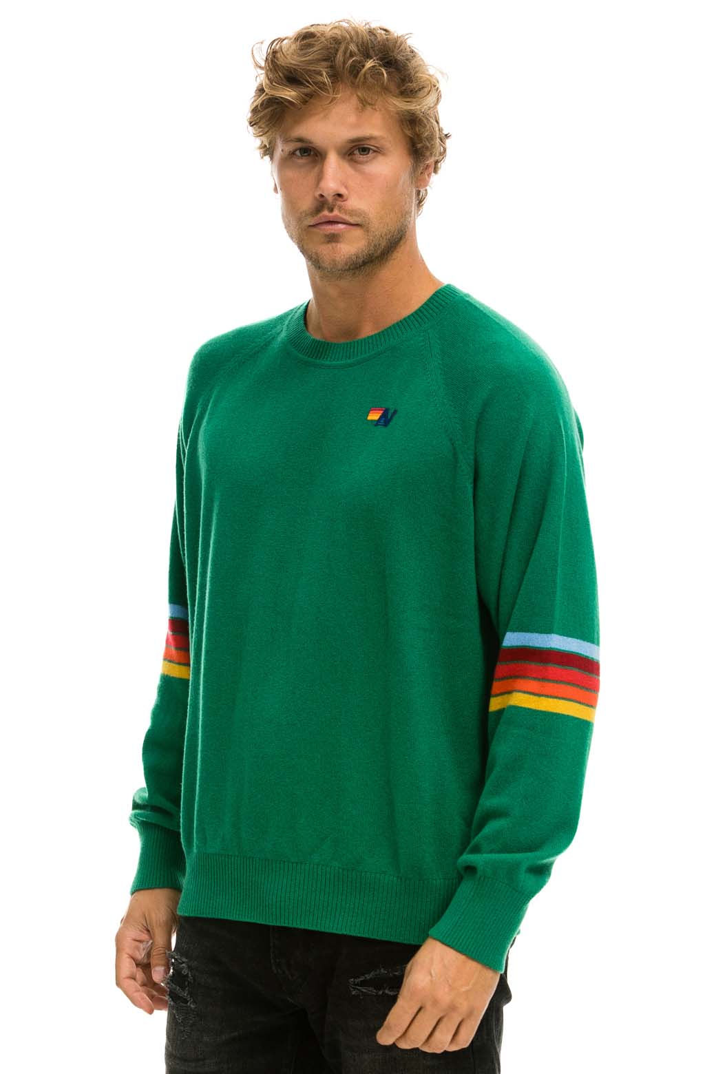 RAINBOW STRIPE SLEEVE UNISEX CASHMERE LIGHT SWEATER - AMAZON Sweatshirt Aviator Nation