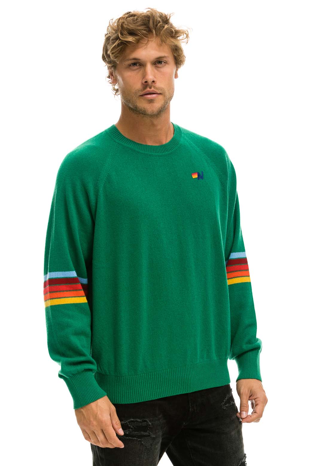 RAINBOW STRIPE SLEEVE UNISEX CASHMERE LIGHT SWEATER - AMAZON Sweatshirt Aviator Nation