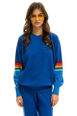 RAINBOW STRIPE SLEEVE UNISEX CASHMERE LIGHT SWEATER - VINTAGE BLUE Sweatshirt Aviator Nation