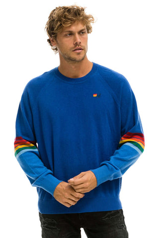 RAINBOW STRIPE SLEEVE UNISEX CASHMERE LIGHT SWEATER - VINTAGE BLUE Sweatshirt Aviator Nation