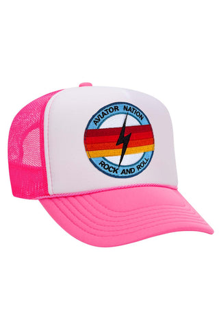 ROCK AND ROLL BOLT VINTAGE TRUCKER HAT HATS Aviator Nation NEON PINK // WHITE // NEON PINK