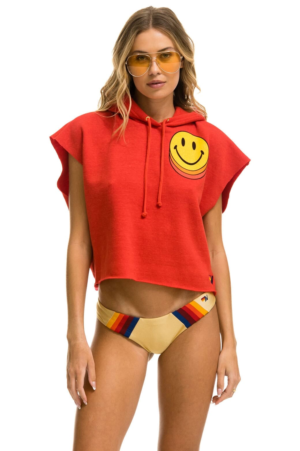 SMILEY SUNSET SLEEVELESS RELAXED CROPPED PULLOVER HOODIE - RED Aviator Nation