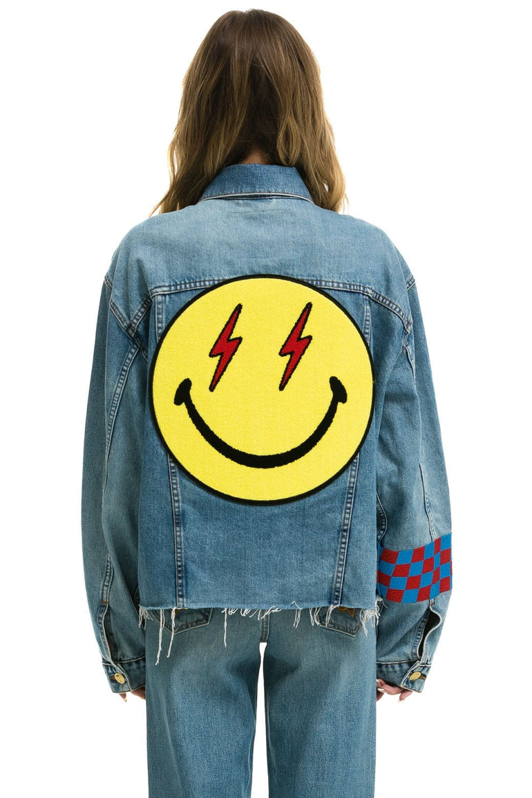 STOKED BOLT SMILEY OVERSIZED CUTOFF DENIM JACKET - VINTAGE Denim Jacket Aviator Nation