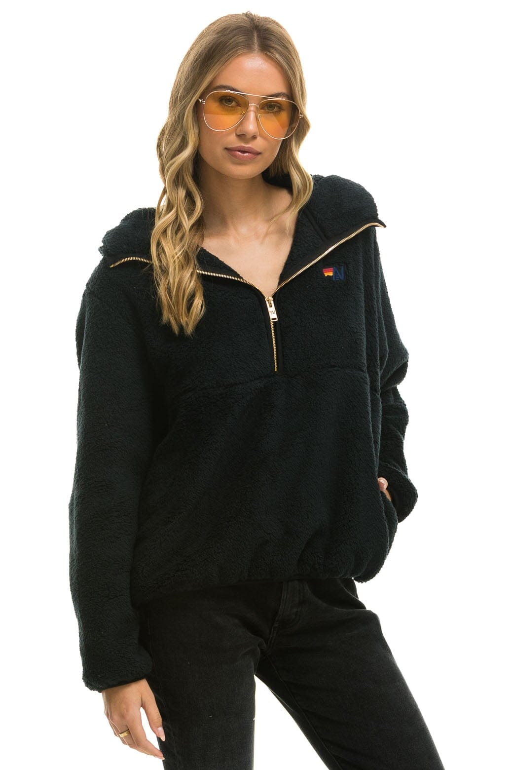 TEDDY APRES HOODED HALF ZIP JACKET - BLACK Women's Outerwear Aviator Nation