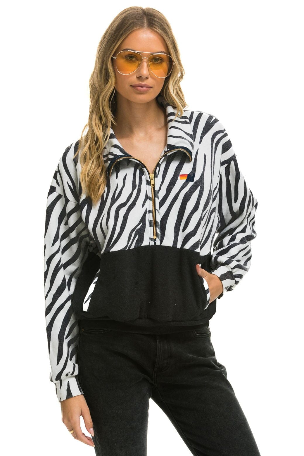 TEDDY FLEECE UNISEX HALF ZIP COLOR BLOCK JACKET - ZEBRA Sweatshirt Aviator Nation