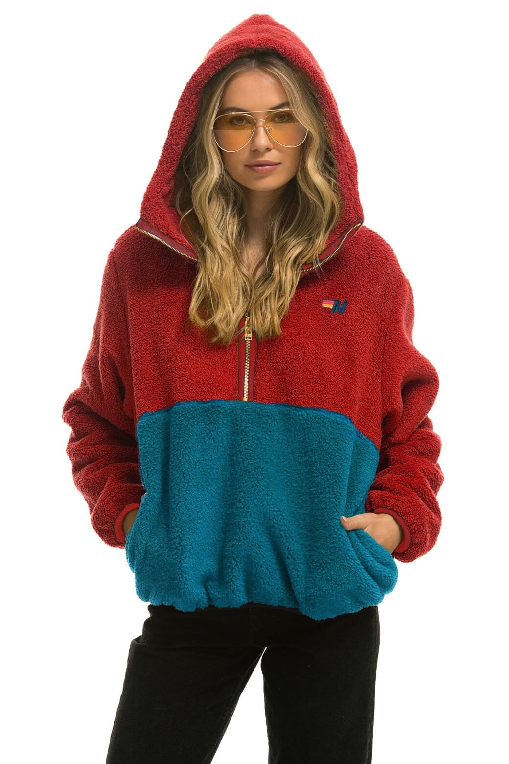 TEDDY UNISEX HOODED HALF ZIP COLOR BLOCK JACKET - CHERRY Unisex Outerwear Aviator Nation