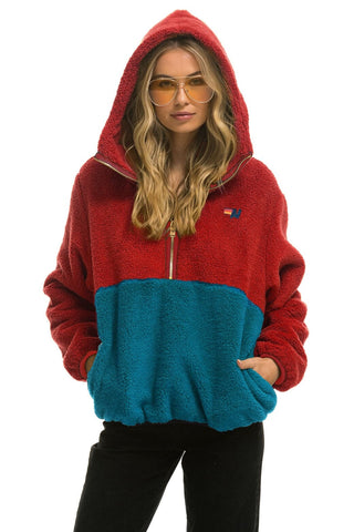 TEDDY UNISEX HOODED HALF ZIP COLOR BLOCK JACKET - CHERRY Unisex Outerwear Aviator Nation