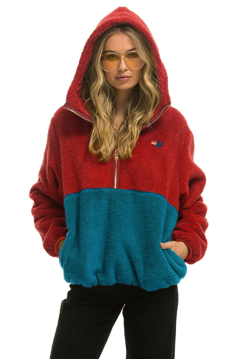 TEDDY UNISEX HOODED HALF ZIP COLOR BLOCK JACKET - CHERRY Unisex Outerwear Aviator Nation