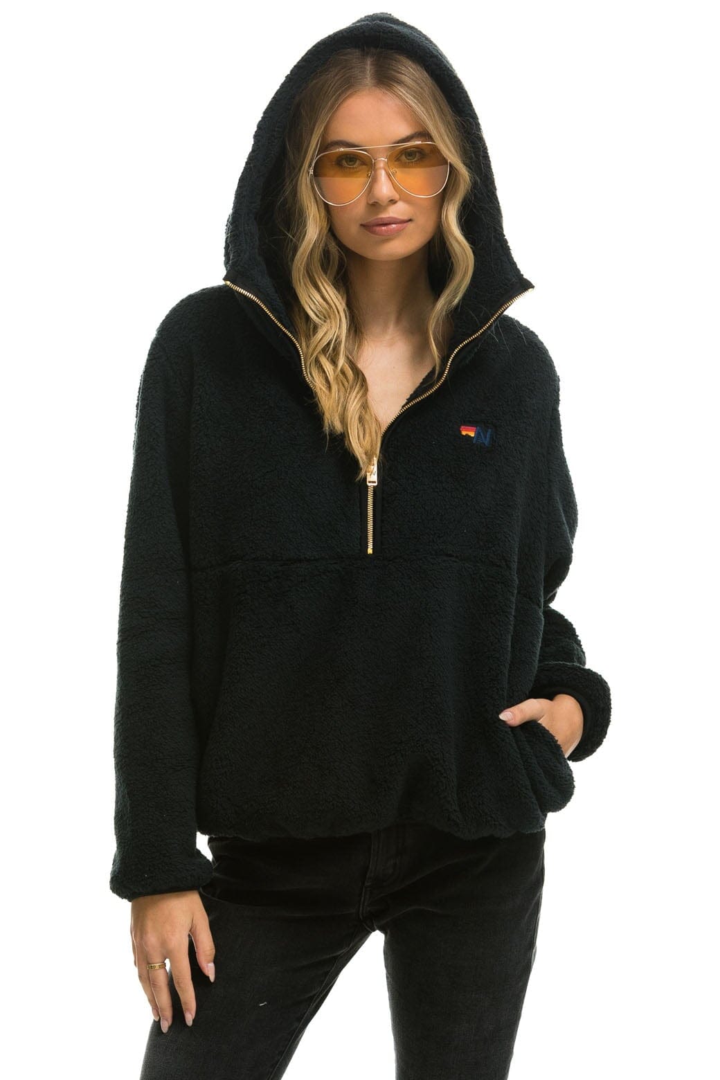 TEDDY UNISEX HOODED HALF ZIP JACKET BLACK – Aviator Nation