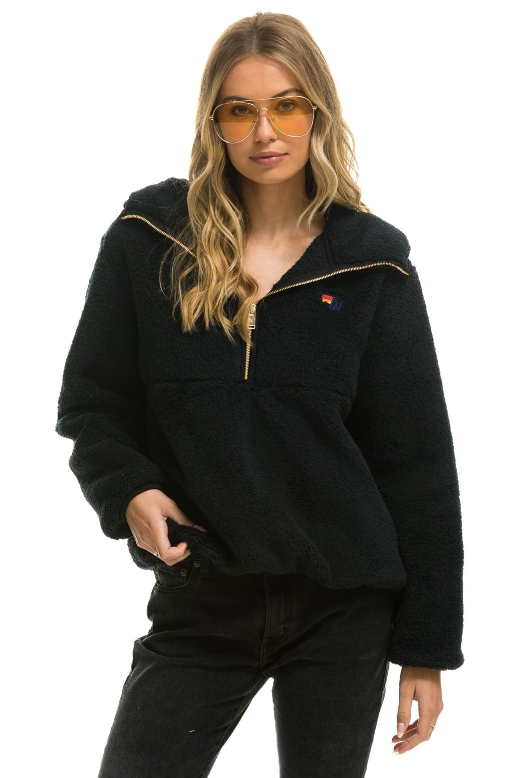 TEDDY UNISEX HOODED HALF ZIP JACKET - BLACK Women's Outerwear Aviator Nation