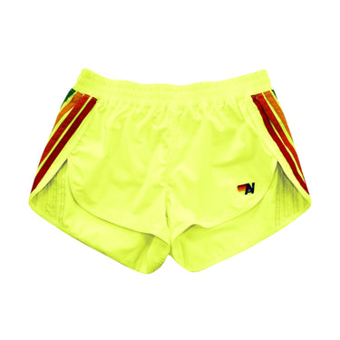 WOMEN'S 5 STRIPE FLEX BOARD SHORTS - NEON YELLOW // RAINBOW Women's Board Shorts Aviator Nation