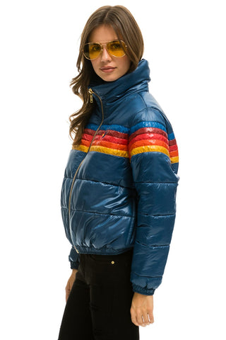 WOMEN'S 5 STRIPE LUXE APRES PUFFER JACKET - GLOSSY DARK BLUE Jacket Aviator Nation