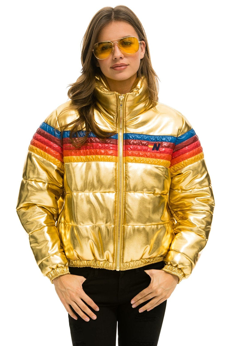 WOMEN'S 5 STRIPE LUXE APRES PUFFER JACKET - GLOSSY GOLD Jacket Aviator Nation