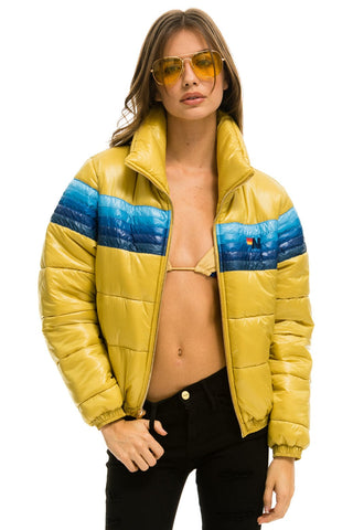 WOMEN'S 5 STRIPE LUXE APRES PUFFER JACKET - GLOSSY KHAHKI Jacket Aviator Nation
