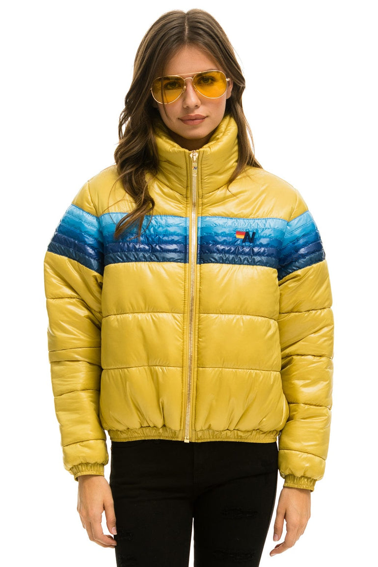 WOMEN'S 5 STRIPE LUXE APRES PUFFER JACKET - GLOSSY KHAHKI Jacket Aviator Nation