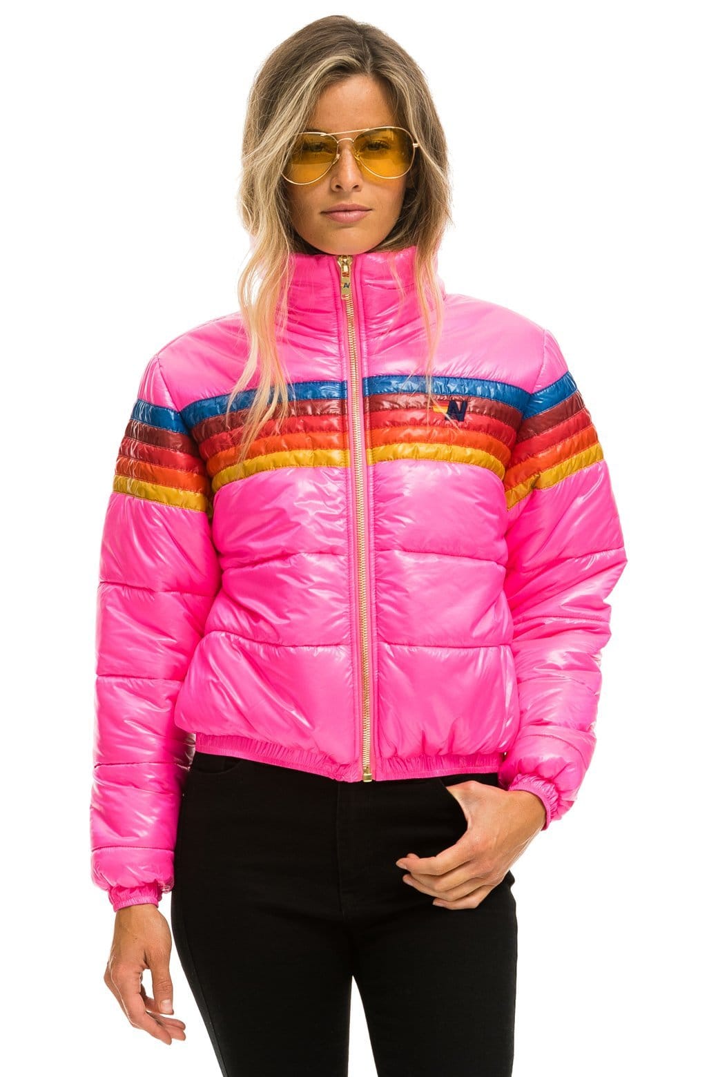 WOMEN'S 5 STRIPE LUXE APRES PUFFER JACKET - GLOSSY NEON PINK Jacket Aviator Nation