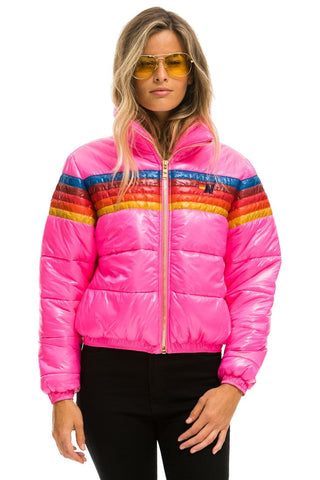 WOMEN'S 5 STRIPE LUXE APRES PUFFER JACKET - GLOSSY NEON PINK Jacket Aviator Nation