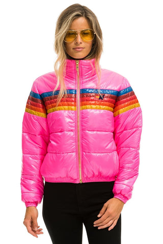 WOMEN'S 5 STRIPE LUXE APRES PUFFER JACKET - GLOSSY NEON PINK Jacket Aviator Nation