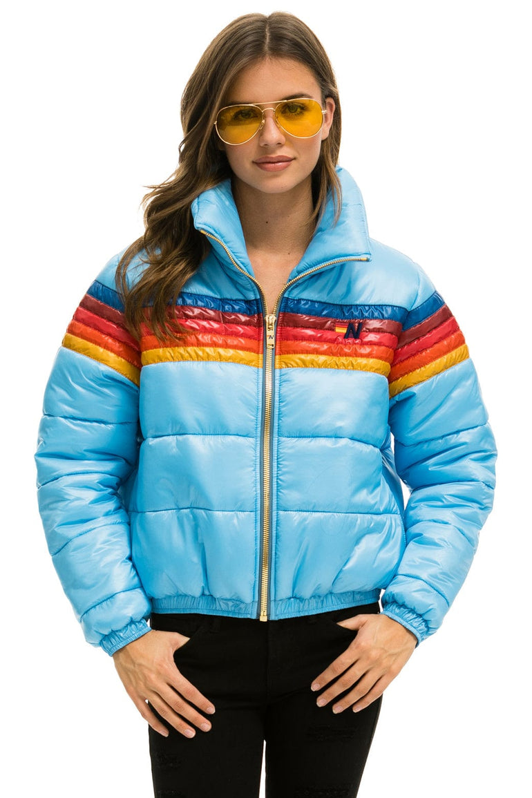 WOMEN'S 5 STRIPE LUXE APRES PUFFER JACKET - GLOSSY SKY Jacket Aviator Nation