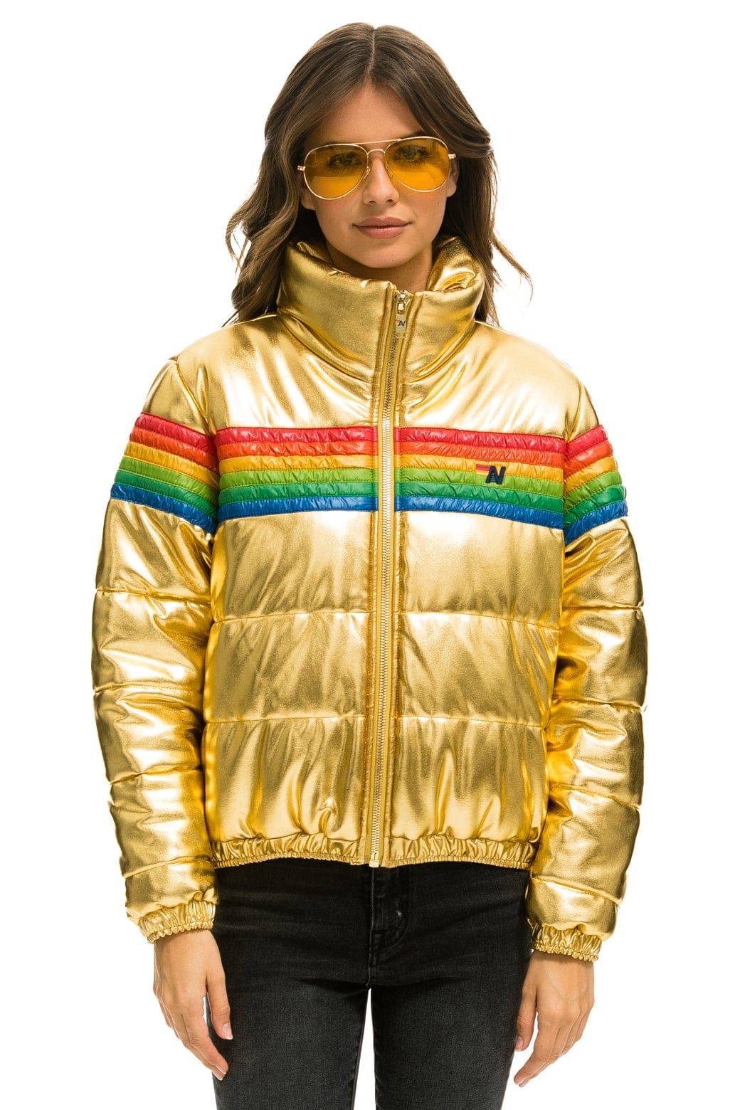 STRIPE LUXE APRES PUFFER JACKET GLOSSY GOLDEN – Aviator Nation