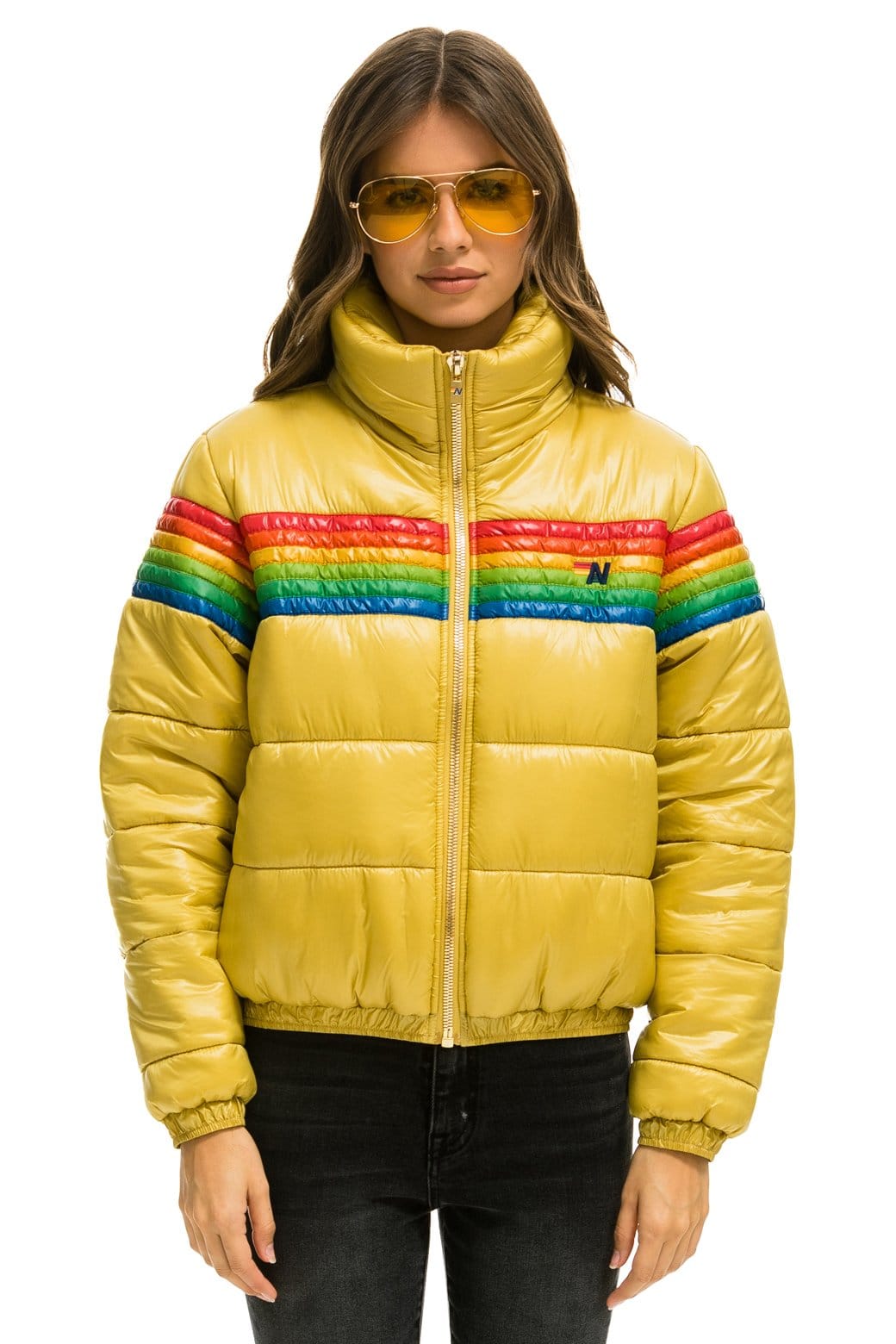 WOMEN'S 6 STRIPE LUXE APRES PUFFER JACKET - GLOSSY KHAKI Jacket Aviator Nation