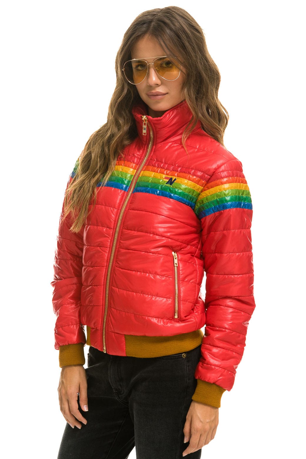 WOMEN'S 6 STRIPE RAINBOW SLEEVE JACKET - GLOSSY CHERRY Jacket Aviator Nation
