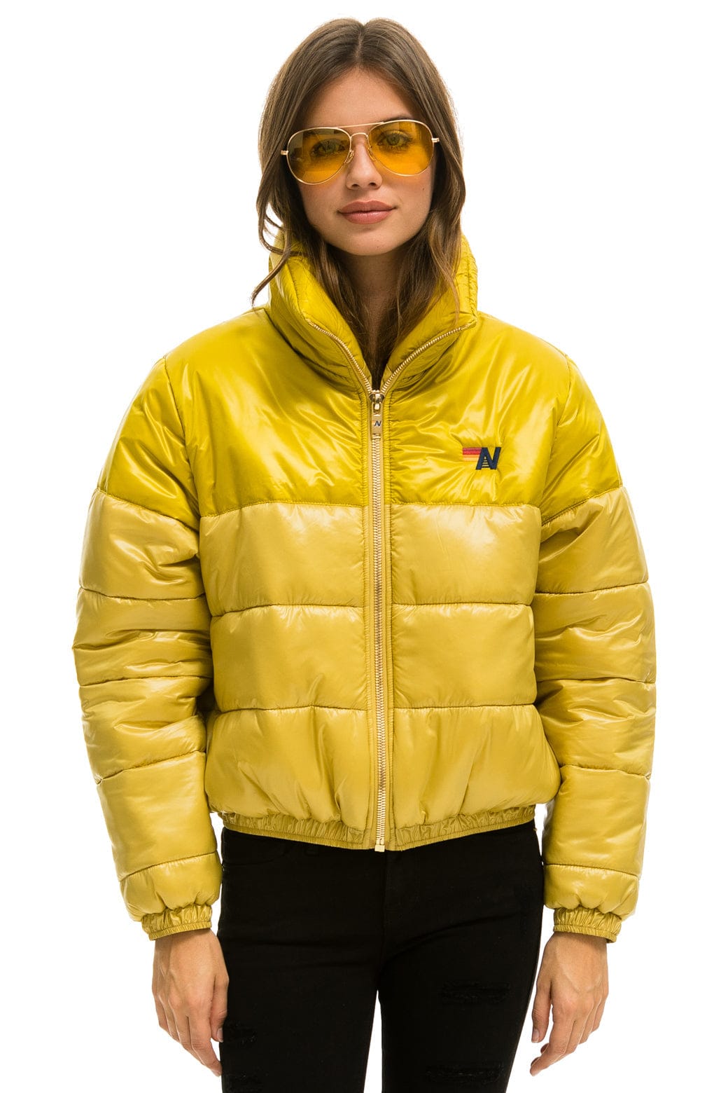 WOMEN'S COLOR BLOCK HALF AND HALF APRES PUFFER JACKET - HONEY GLOSSY Jacket Aviator Nation