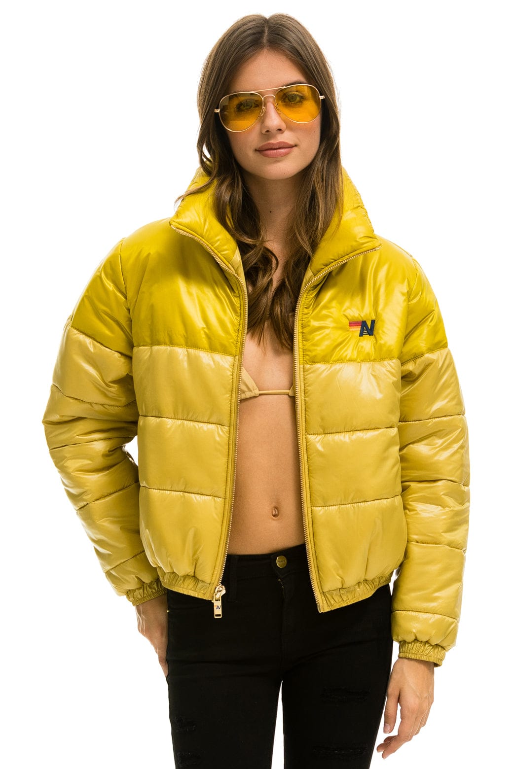 WOMEN'S COLOR BLOCK HALF AND HALF APRES PUFFER JACKET - HONEY GLOSSY Jacket Aviator Nation