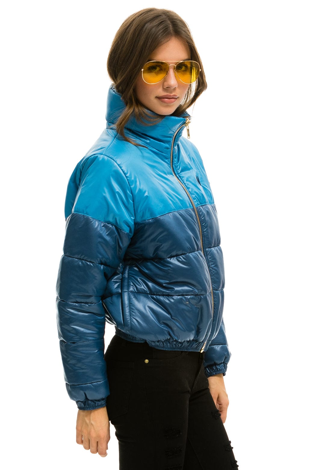 WOMEN'S COLOR BLOCK HALF AND HALF APRES PUFFER JACKET - OCEAN GLOSSY Jacket Aviator Nation