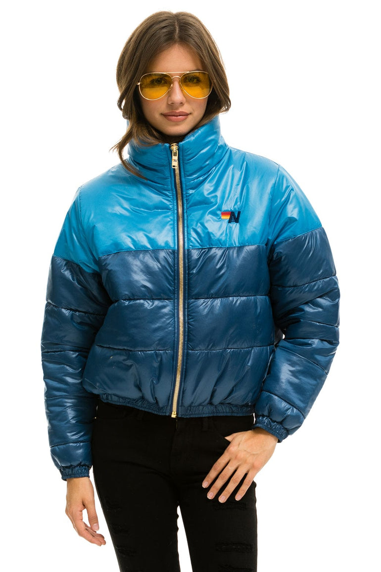 WOMEN'S COLOR BLOCK HALF AND HALF APRES PUFFER JACKET - OCEAN GLOSSY Jacket Aviator Nation