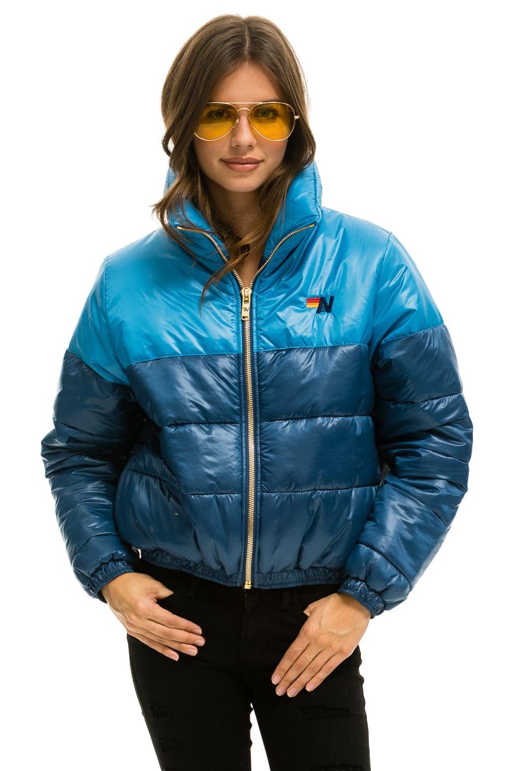 WOMEN'S COLOR BLOCK HALF AND HALF APRES PUFFER JACKET - OCEAN GLOSSY Jacket Aviator Nation