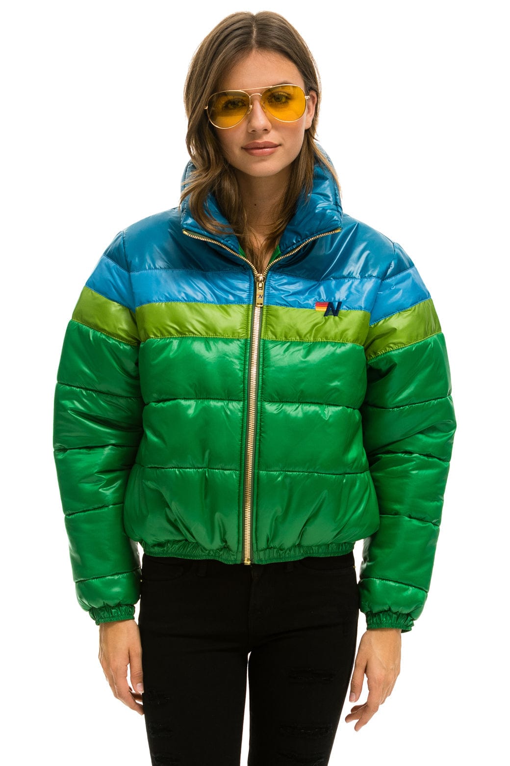 WOMEN'S COLOR BLOCK LUXE APRES PUFFER JACKET - GLOSSY AMAZON Jacket Aviator Nation