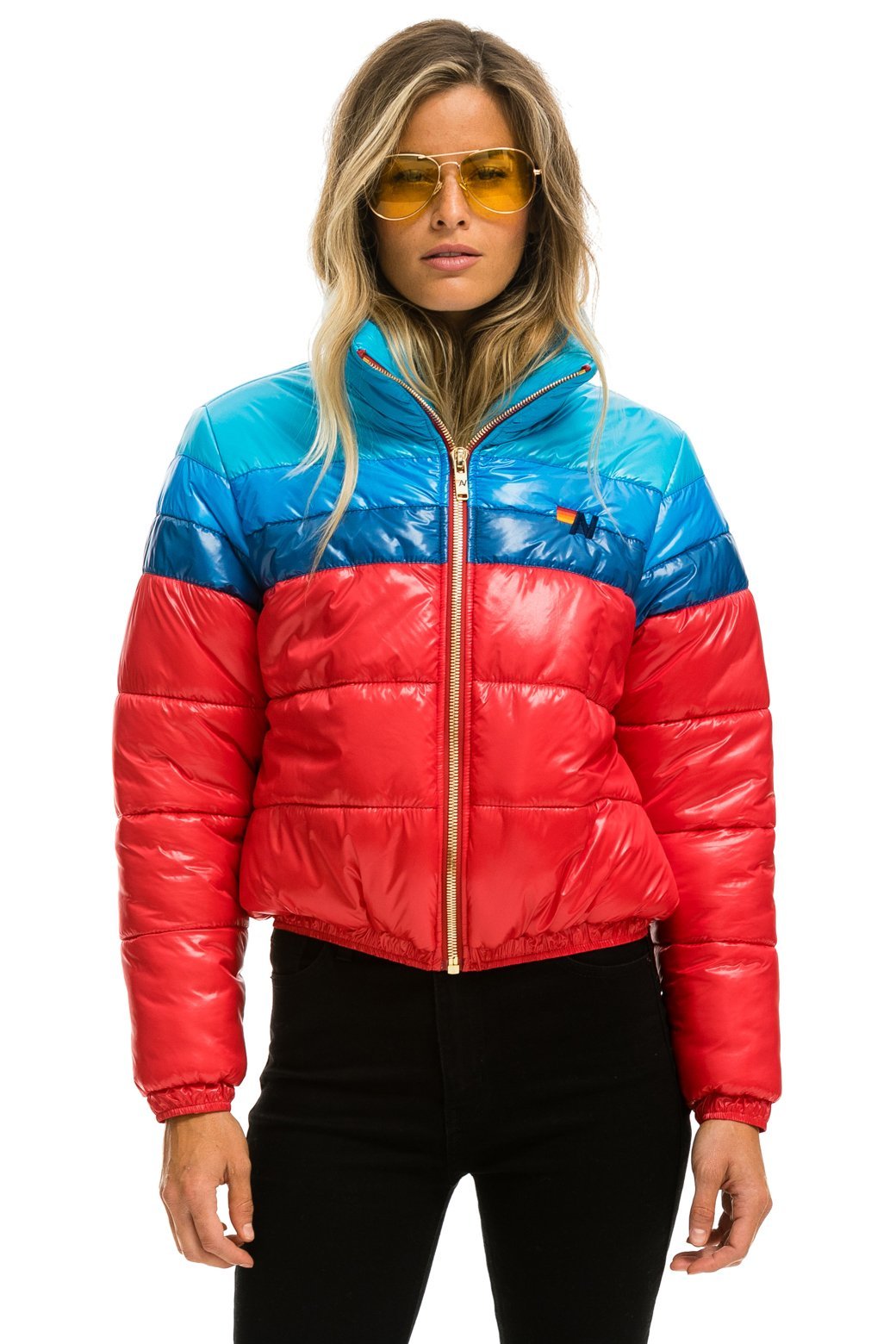 WOMEN'S COLOR BLOCK LUXE APRES PUFFER JACKET - GLOSSY CHERRY Jacket Aviator Nation 