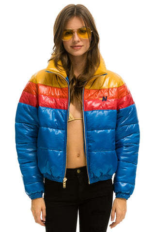WOMEN'S COLOR BLOCK LUXE APRES PUFFER JACKET - GLOSSY SNORKEL BLUE Jacket Aviator Nation