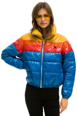 WOMEN'S COLOR BLOCK LUXE APRES PUFFER JACKET - GLOSSY SNORKEL BLUE Jacket Aviator Nation