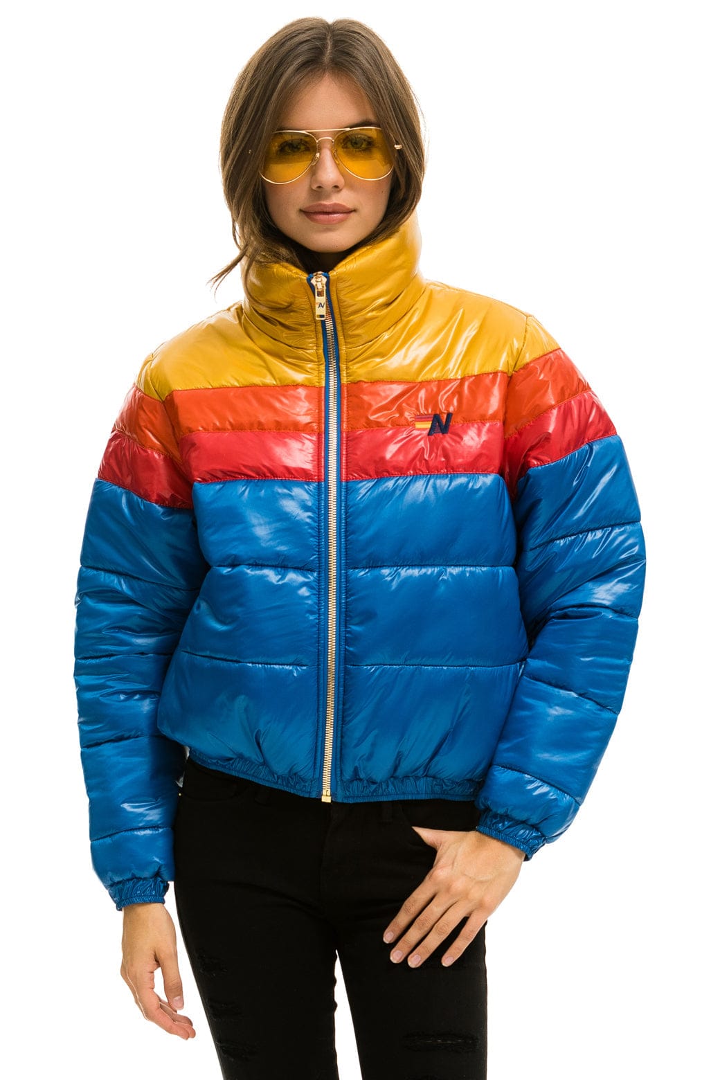 WOMEN'S COLOR BLOCK LUXE APRES PUFFER JACKET - GLOSSY SNORKEL BLUE Jacket Aviator Nation