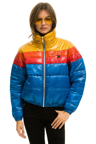 WOMEN'S COLOR BLOCK LUXE APRES PUFFER JACKET - GLOSSY SNORKEL BLUE Jacket Aviator Nation
