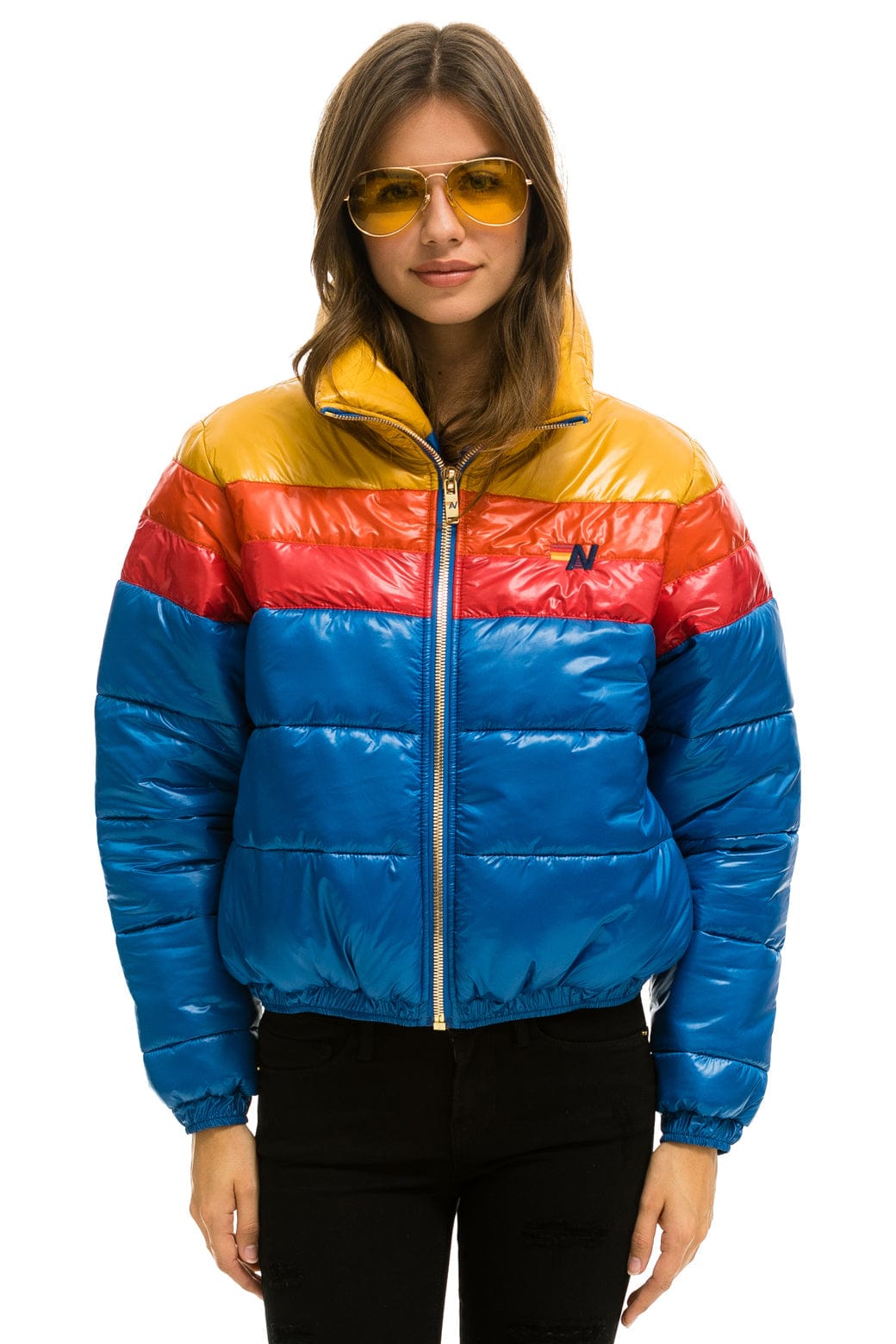 WOMEN'S COLOR BLOCK LUXE APRES PUFFER JACKET - GLOSSY SNORKEL BLUE Jacket Aviator Nation